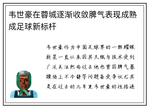 韦世豪在蓉城逐渐收敛脾气表现成熟成足球新标杆 韦世豪在蓉城逐渐收敛脾气表现成熟成足球新标杆
