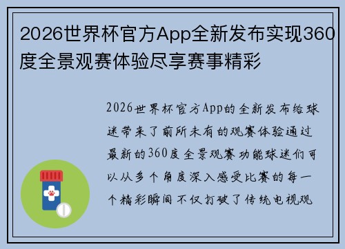 2026世界杯官方App全新发布实现360度全景观赛体验尽享赛事精彩