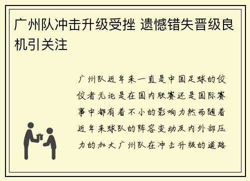 广州队冲击升级受挫 遗憾错失晋级良机引关注