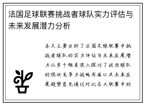法国足球联赛挑战者球队实力评估与未来发展潜力分析